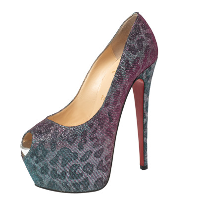 Pre-owned Christian Louboutin Two-tone Leopard Print Lamé Fabric Highness Pumps Size 37.5 In Blue