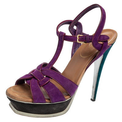 Pre-owned Saint Laurent Purple Suede Tribute Sandals Size 39