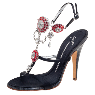 Pre-owned Giuseppe Zanotti Black Satin Crystal Embellished Ankle Strap Sandals Size 37.5