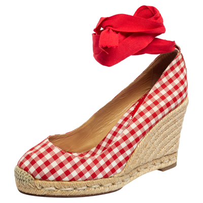 Pre-owned Christian Louboutin White/red Canvas Espadrille Wedge Sandals Size 37