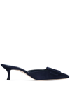 Manolo Blahnik Kitten Heel Mules In Navy Blue Suede In Blue