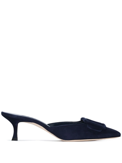 Manolo Blahnik Maysale Buckle-embellished Suede Heeled Mules In Blue