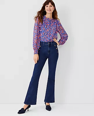 Ann Taylor Petite Button Trim High Rise Admiral Flare Jeans In Mid Stone Wash