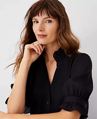 Ann Taylor Petite Ruffle Button Top In Black