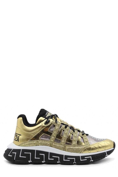 Versace Glitetred Fabric And Laminated Leather Trigreca Sneakers In Gold