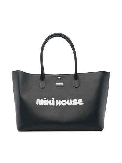 Miki House Logo Leather Baby Changing Bag In Blue