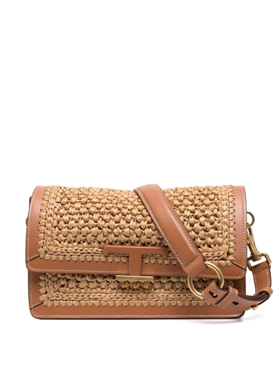 Tod's Mini Woven T-logo Plaque Crossbody Bag In Beige