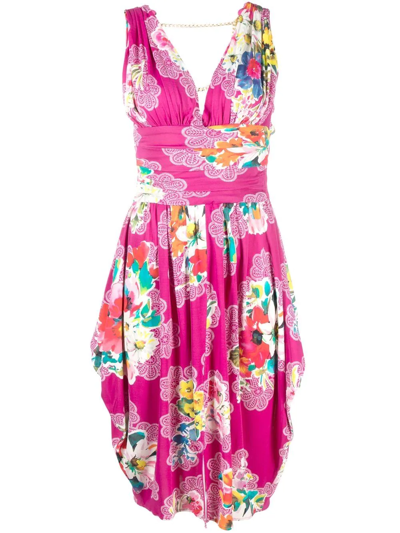 Pre-owned Dolce & Gabbana 1990s Floral-print Draped Sleeveless Dress In Pink