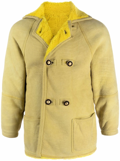 Pre-owned Versace 1990s Double-breasted Shearling Jacket In Yellow