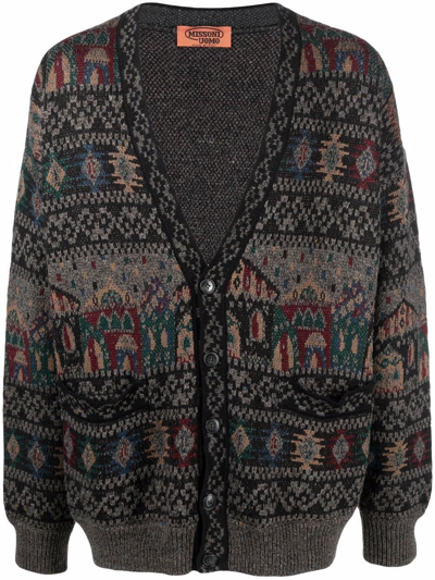 Pre-owned Missoni 1980s Intarsia Knit V-neck Cardigan In Brown