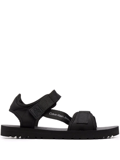 Calvin Klein Logo-patch Touch-strap Sandals In Black