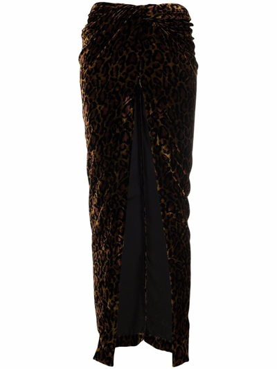 Laquan Smith Velvet Cheetah-print Draped Skirt In Black