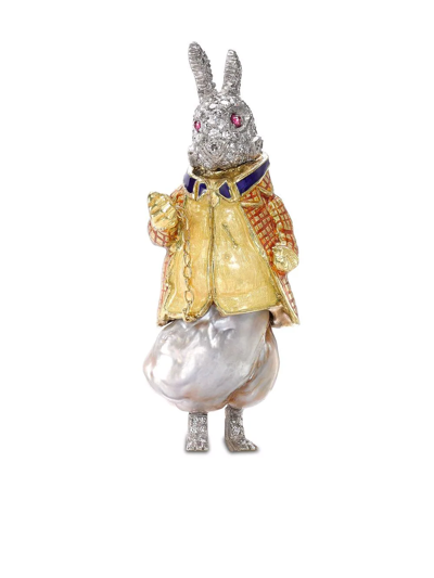 Pre-owned Pragnell Vintage 18kt Gold Edwardian Baroque Pearl Diamond Rabbit Brooch In Silver