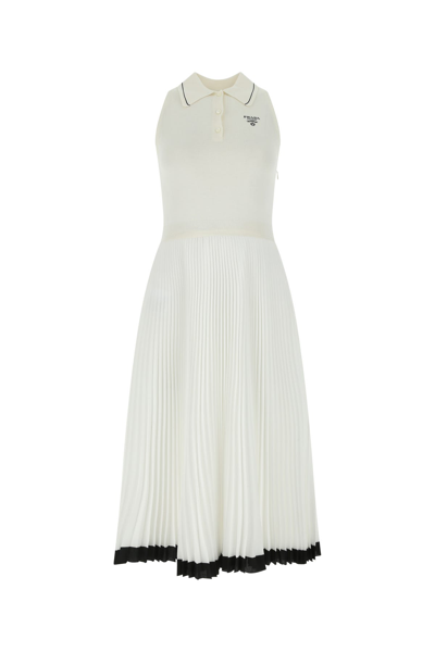 Prada Logo Intarsia Pleated Midi Dress In White