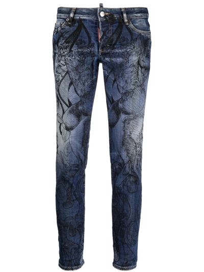 Dsquared2 Floral-print Skinny Jeans In Blau