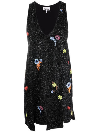 Ganni V-neck Beaded Panel Mini Dress In Black ModeSens