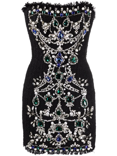 Balmain Embroidered Strapless Tweed Mini-dress In Noir Multicolor