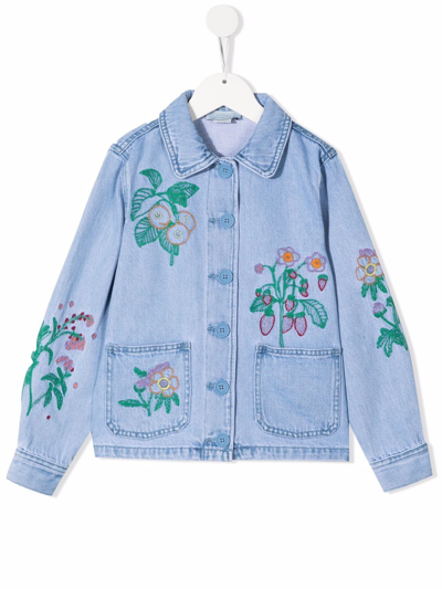 Stella Mccartney Kids' Floral-embroidered Denim Jacket In Blue