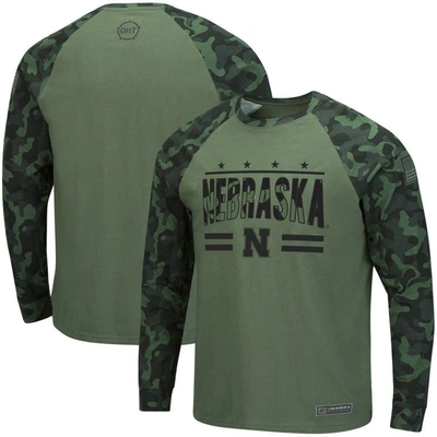 Colosseum Men's  Olive, Camo Nebraska Huskers Oht Military-inspired Appreciation Raglan Long Sleeve T In Olive,camo