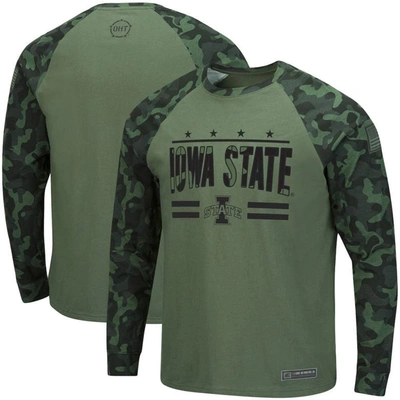 Colosseum Olive/camo Iowa State Cyclones Oht Military Appreciation Slim-fit Raglan Long Sleeve T-shi In Olive,camo