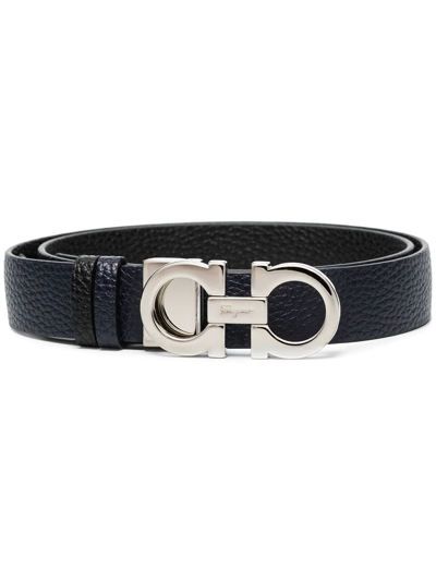 Ferragamo Reversible Gancini Belt In Leather With Silver Logo In Blue