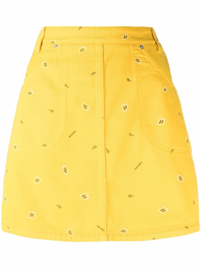 Kenzo Yellow Denim Miniskirt With Allover Paisely Print In Multicolor