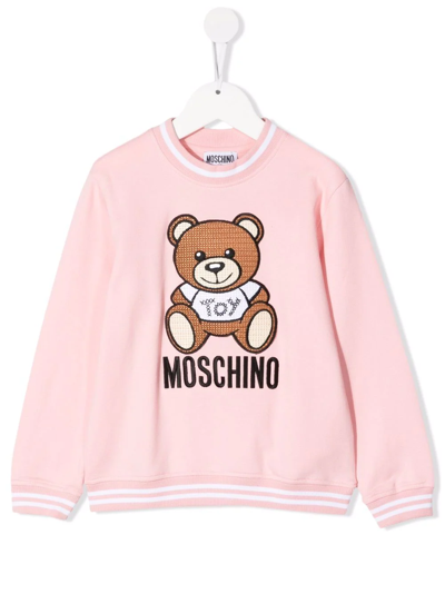 Moschino Kids' Teddy Bear-print Crew Neck Sweatshirt In Sugar Rose