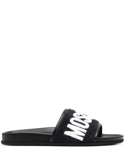 Moschino Logo-lettering Leather Slides In Nero