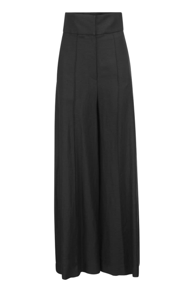 Brunello Cucinelli Corset Extra Wide Trousers In Fluid Viscose And Linen Twill In Black