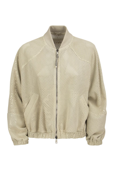 Brunello Cucinelli Perforated Suede Jacket With Monile In Light Beige