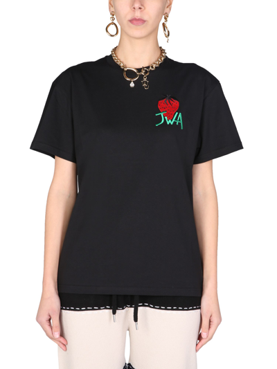 Jw Anderson Strawberry-embroidered Cotton T-shirt In Black