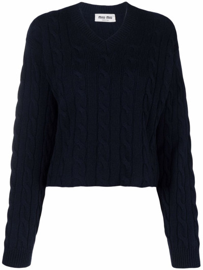 Miu Miu Cable Knit Cashmere V-neck Jumper In Navy