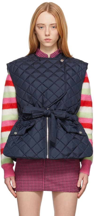 Ganni Belted Quilted Recycled Ripstop Vest In Blue