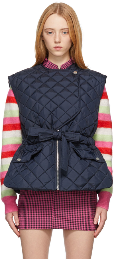 Ganni Belted Quilted Recycled Ripstop Vest In Blue ModeSens
