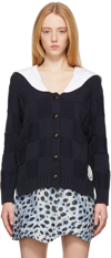 GANNI NAVY KNIT CHECK ROPE CARDIGAN