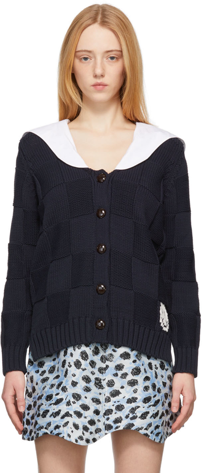 Ganni Sailor-collar Intarsia-knit Cardigan In Blue,white