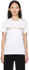 Balmain White Three-button Metallic Logo T-shirt In White,gold