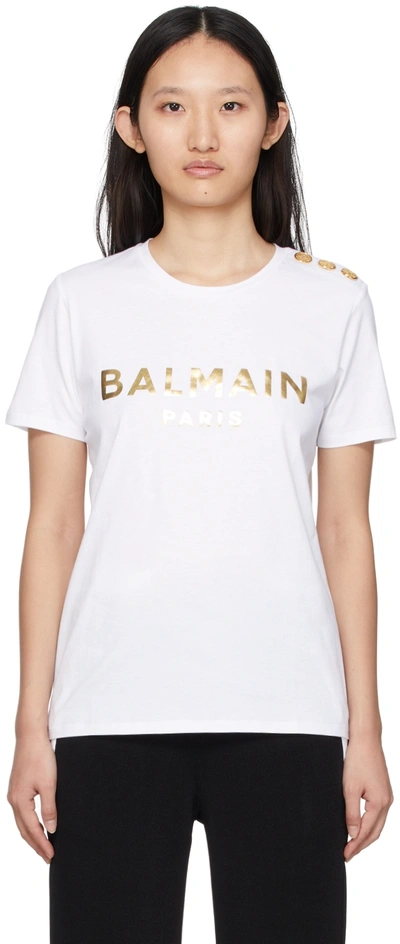 Balmain White Three-button Metallic Logo T-shirt In White,gold