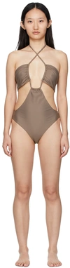 Rosetta Getty Taupe Drawstring Bandeau One-piece Swimsuit In Tobacco