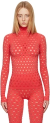 Maisie Wilen Perforated Turtleneck Stretch-jersey Top In Tomato