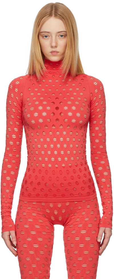 Maisie Wilen Perforated Turtleneck Stretch-jersey Top In Tomato