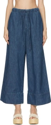 Valentino Denim-chambray Drawstring Palazzo Pants In 558 Medium Blue Deni