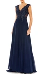 Mac Duggal Metallic Floral Bead-embroidered A-line Gown In Navy