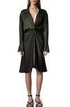 ZADIG & VOLTAIRE ROZO GATHERED LONG SLEEVE SATIN DRESS