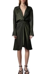Zadig & Voltaire Rozo Twist-detail Satin Shirt Midi Dress In Khaki