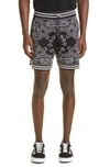 Amiri Bandana-jacquard Cotton And Cashmere-blend Drawstring Shorts In Black / Grey
