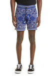 Amiri Bandana Paisley Drawstring Waist Crochet Shorts In Blue/ Black