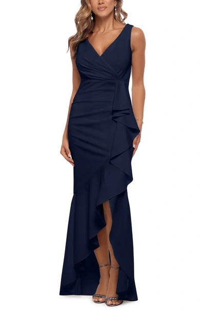 BETSY & ADAM BETSY & ADAM V-NECK CASCADE RUFFLE HIGH-LOW GOWN