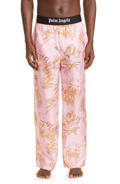 Palm Angels Abstract Palm Print Silk Pajama Pants In Pink Gold