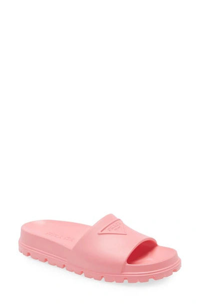 Prada Triangle Embossed-logo Lug-sole Slides In Pink